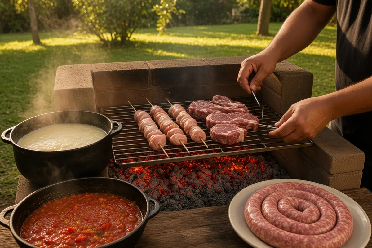 Braai Day firing order for a 15:00 lunch: pap and smoor at the edge, sosaties and chops on the coals, the wors still waiting — the hardwood was lit at 13:00.