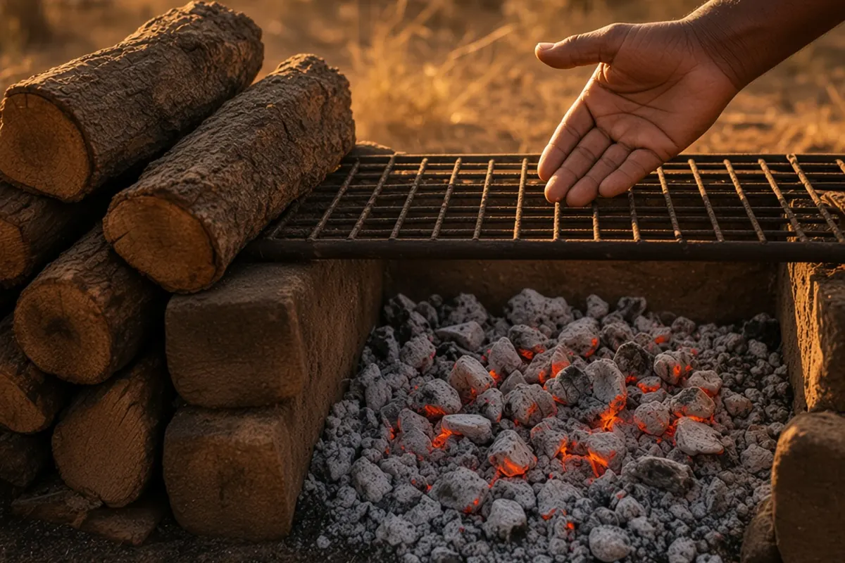 Dense hardwood beside a bed of coals, palm held above the grid: buy the wood the day before, give it 45–60 minutes, then count 4, 6, 8 or 10 seconds before the meat goes on.