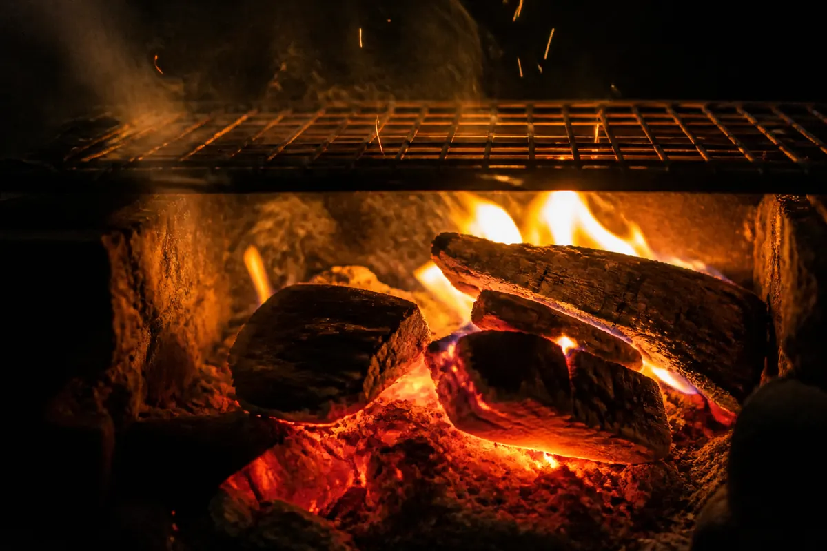 Hardwood burning down to coals under the grid
