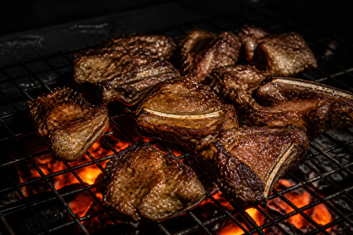 Lamb ribbetjies crisping over the fire