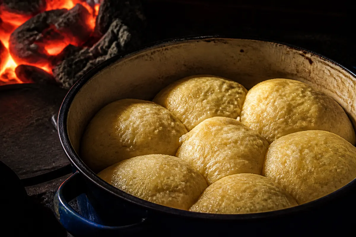 Mieliemeel dumplings puffed up in the pot