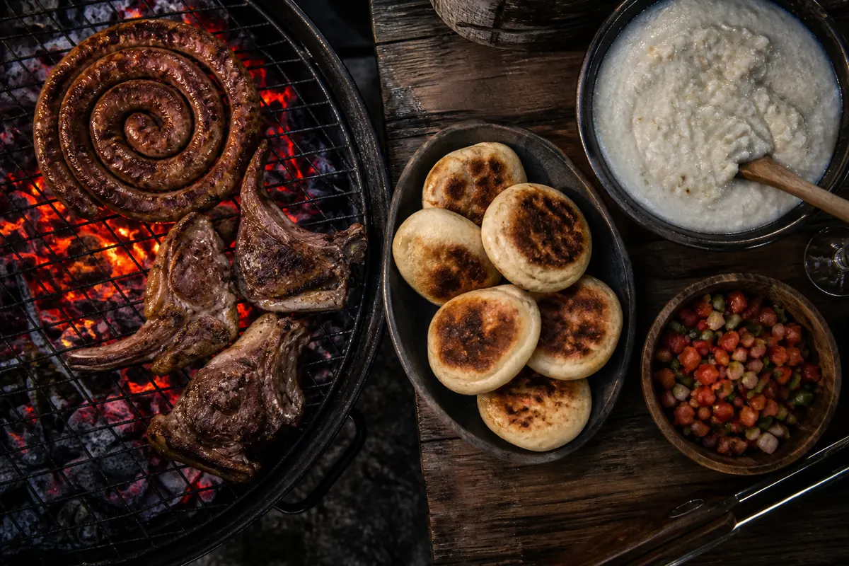 A braai spread: wors coil, tjops, roosterkoek, pap and sous