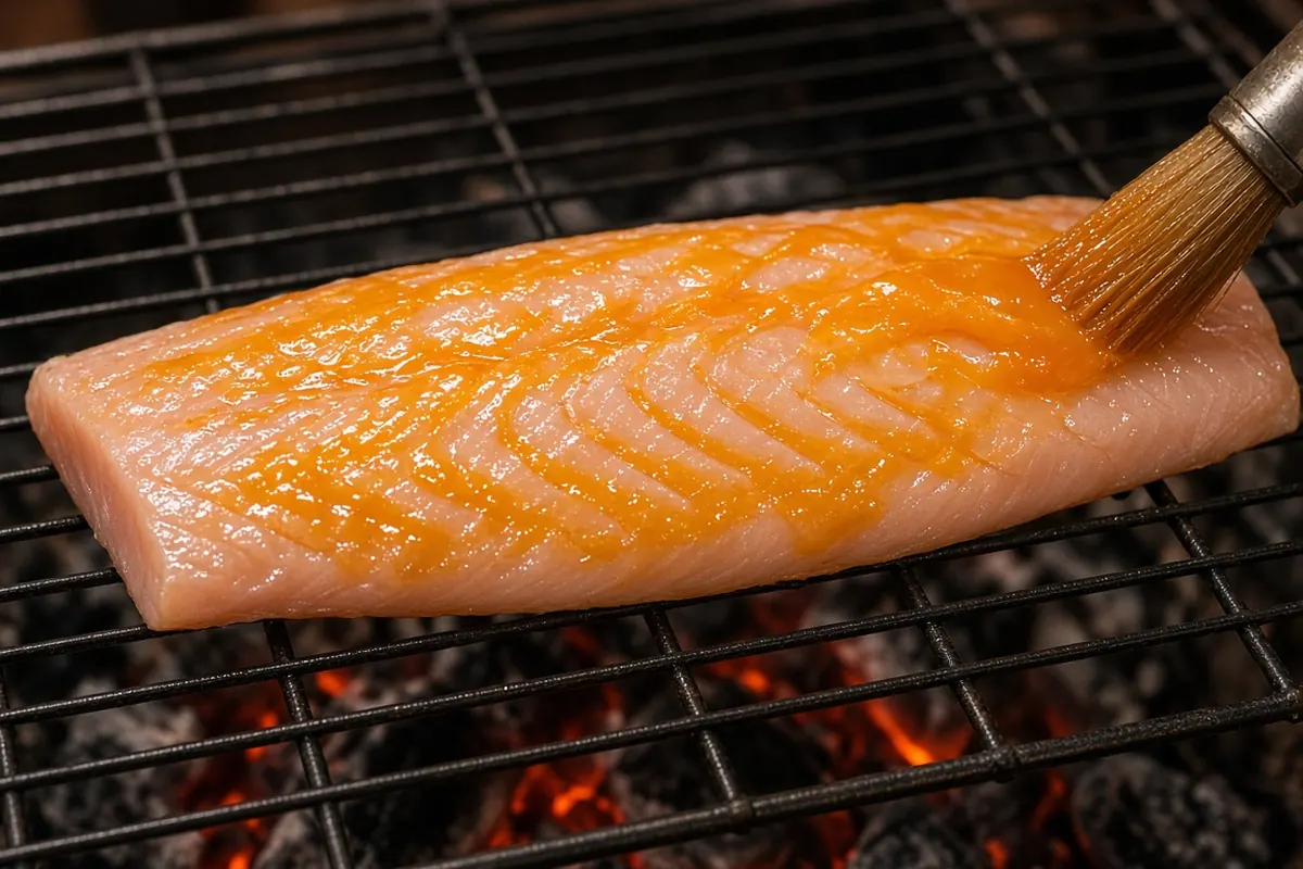 Butterflied snoek laid flat, flesh up and basted with apricot butter, skin against the grid